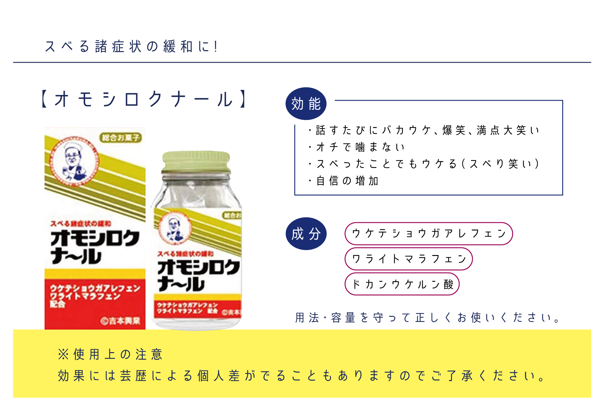 ラムネ菓子「オモシロクナール」の紹介。
効能：話すたびにバカウケ、爆笑、満点大笑い、オチで噛まない、スベったことでもウケる（スベり笑い）、自信の増加
成分：ウケテショウガアレフェン、ワライトマラフェン、ドカンウケルン酸